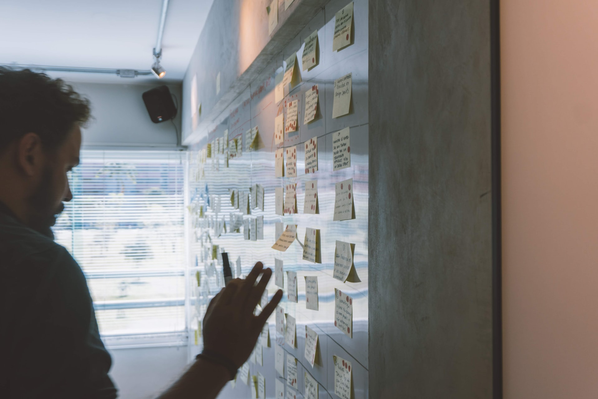 A business owner scribbling notes on a whiteboard to create a road map for success