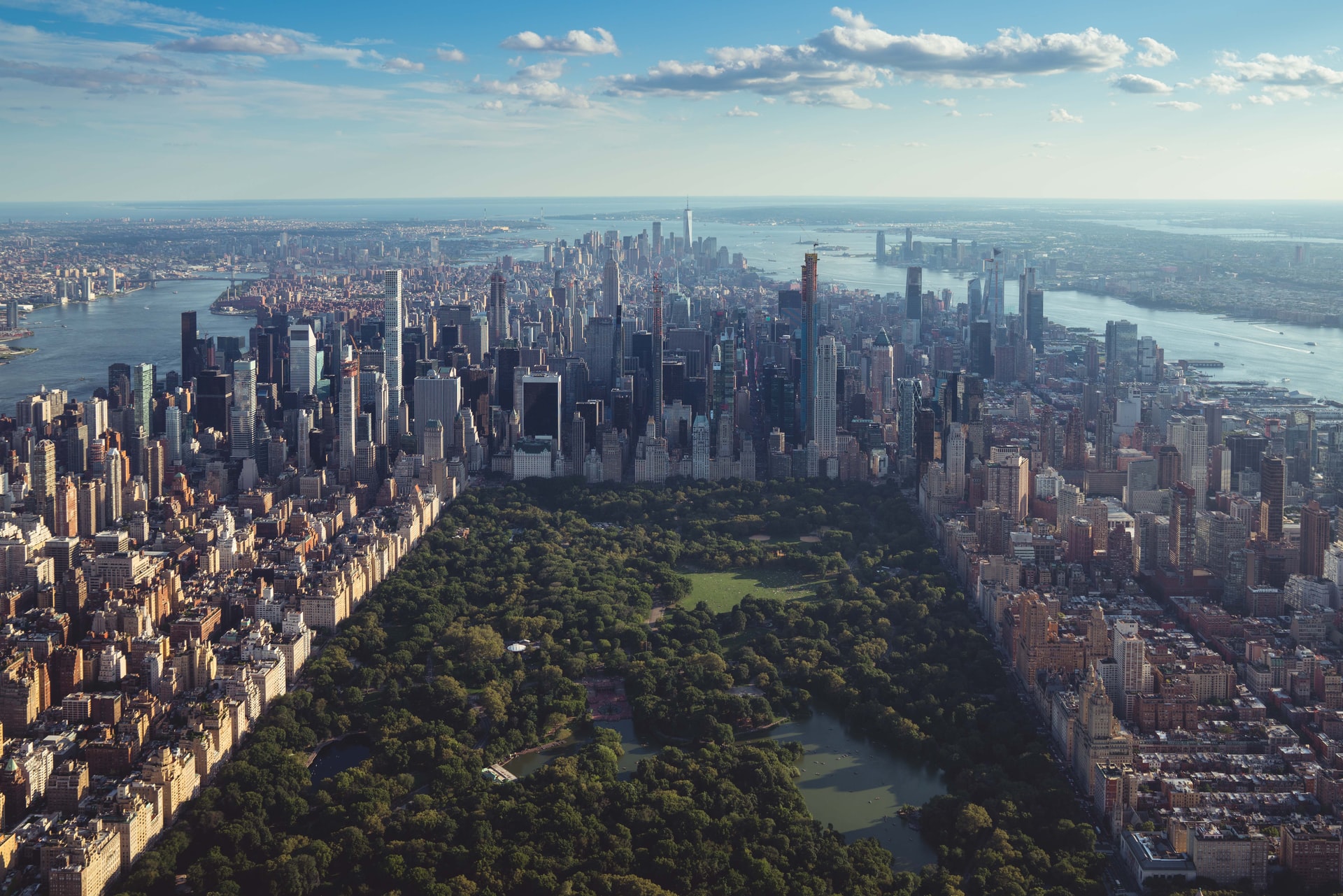 An aerial view of Central Park and New York City.
